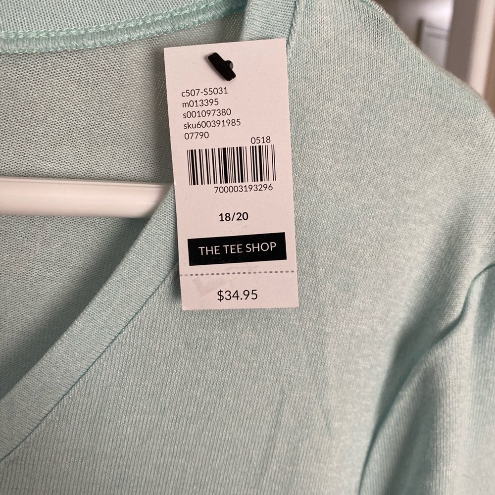 Lane Bryant, light mint green v- neck, short sleeve shirt.